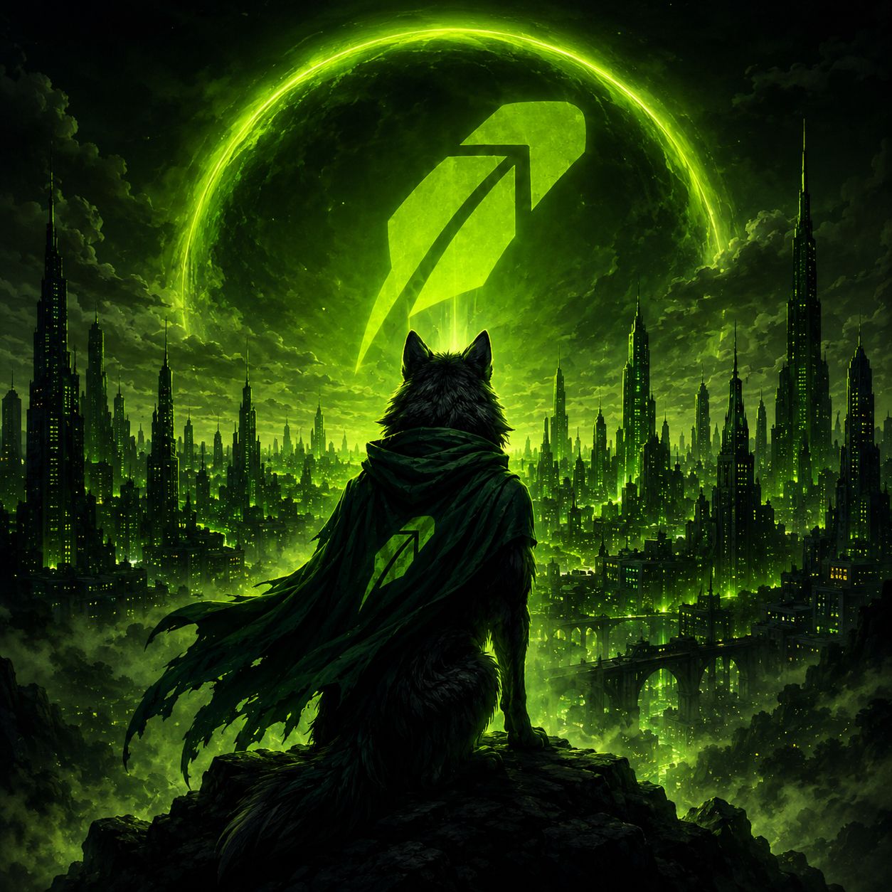 Robwoof wolf overlooking Robinhood Chain city